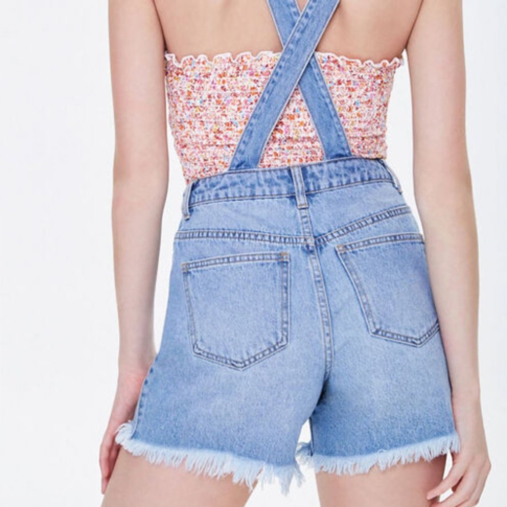 NEW High Waist Distressed Denim Overalls Shorts - Picture 7 of 10